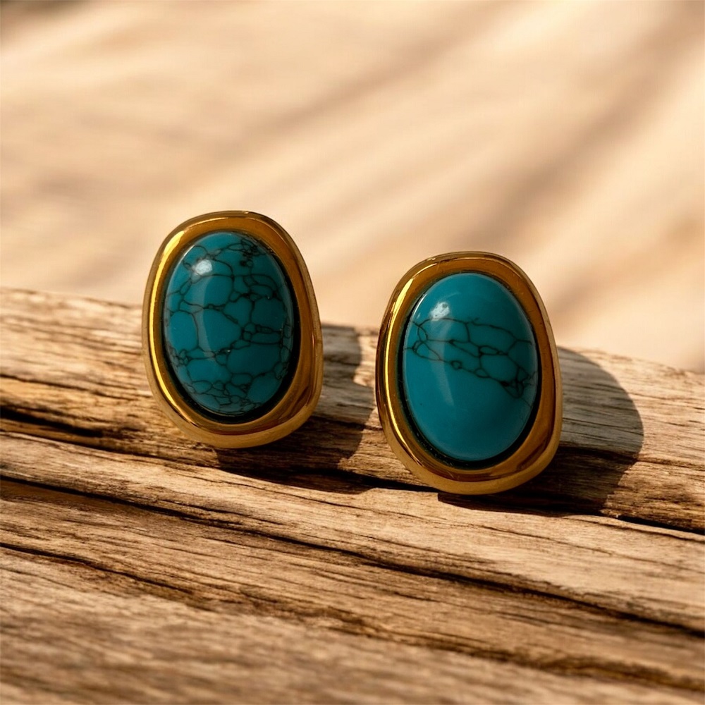 Σκουλαρίκια τιρκουάζ πέτρα με χρυσό περίγραμμα