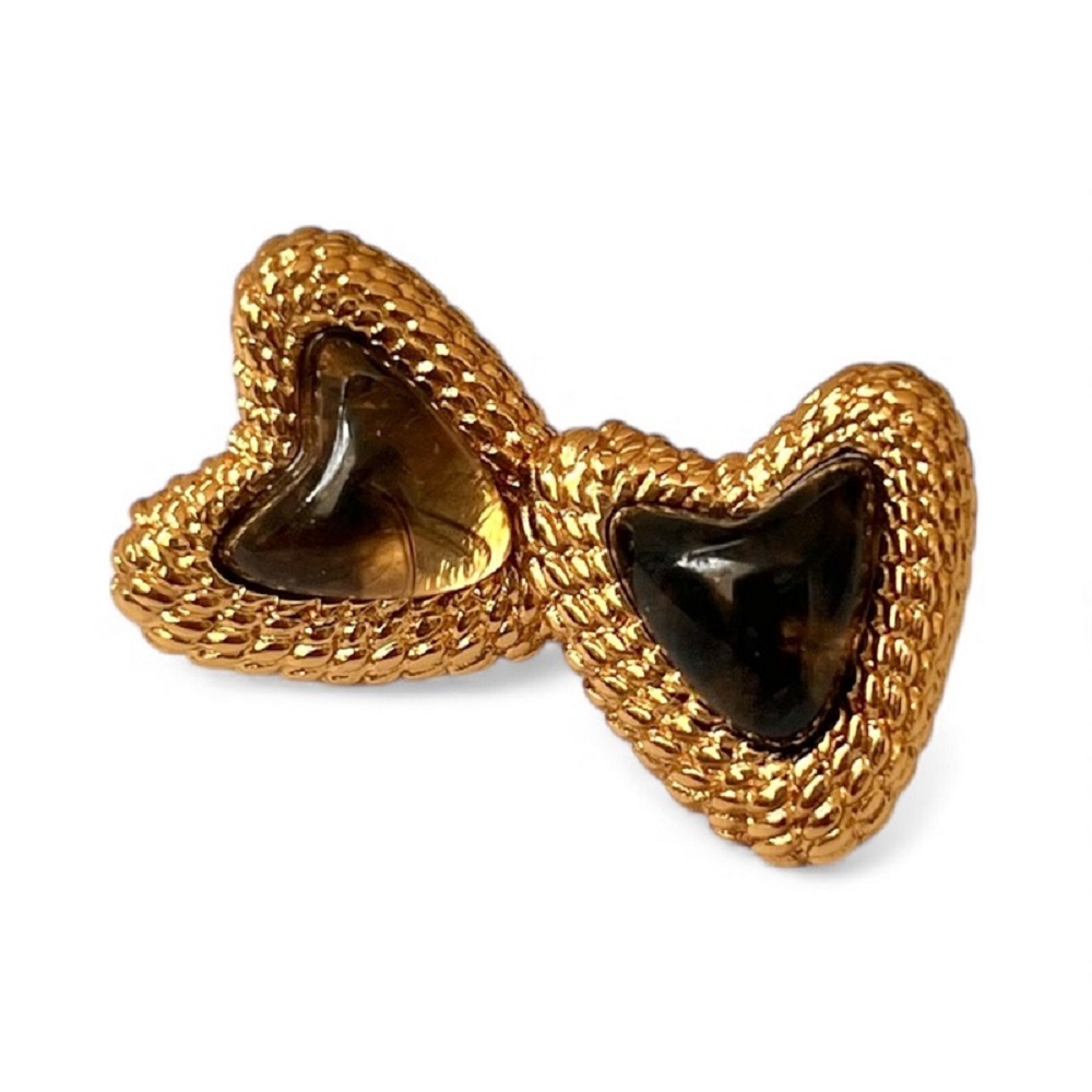 Χρυσά σκουλαρίκια καρδιά με σκούρα μελί  πέτρα